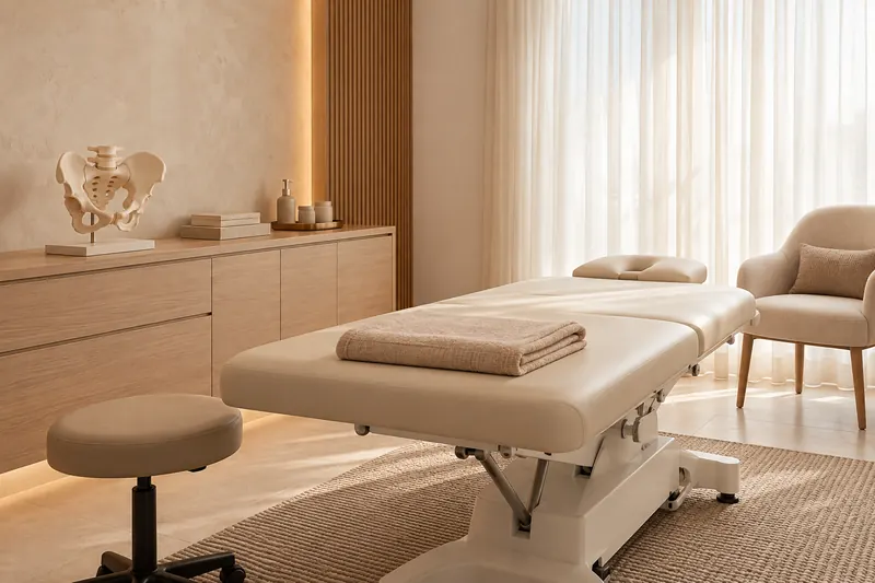 Consultório de fisioterapia pélvica claro, com maca e modelo anatômico da pelve