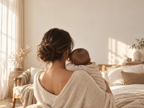 Mãe segurando o bebê no colo em luz suave